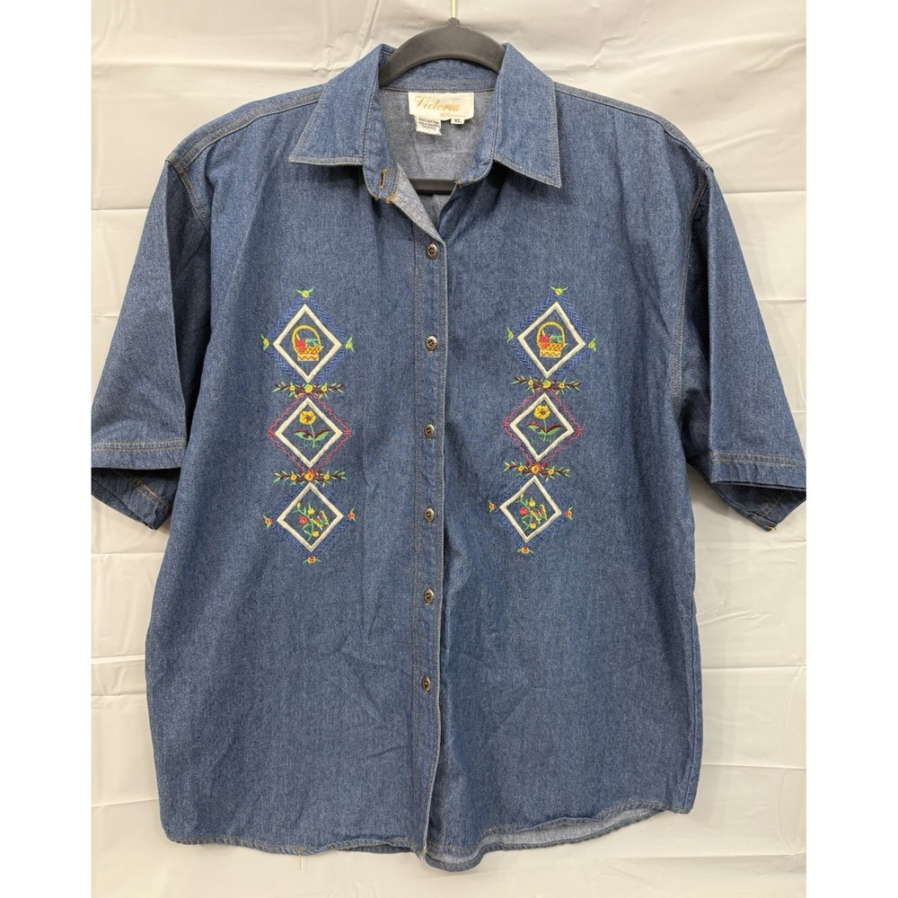 VTG Victoria Classics Embroidered Flowers Denim Shirt Size XL Button Cottagecore